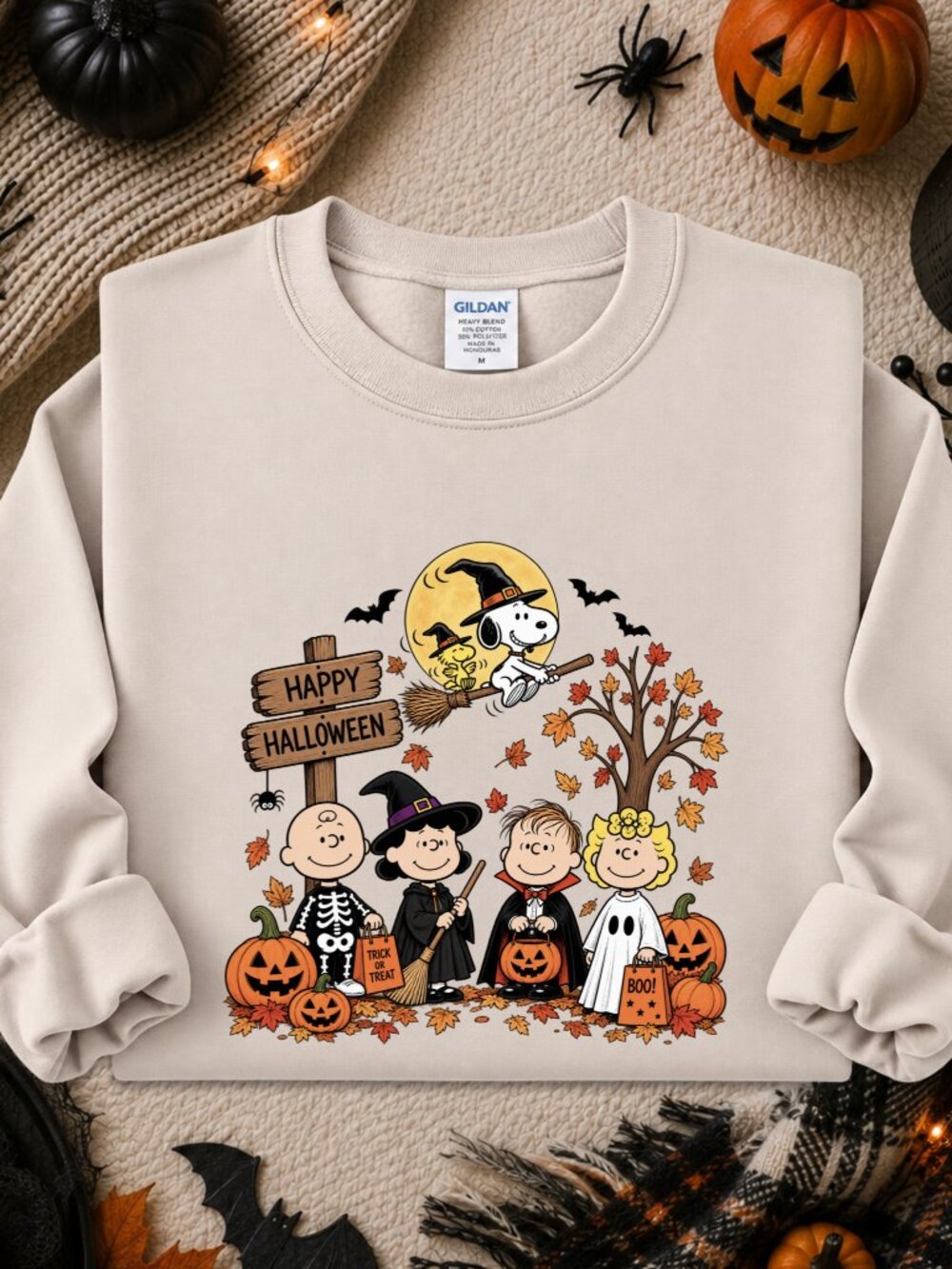 Peanuts Halloween Sweatshirt Graphic Crewneck Cozy Fall Trick Treat Snoopy Fly